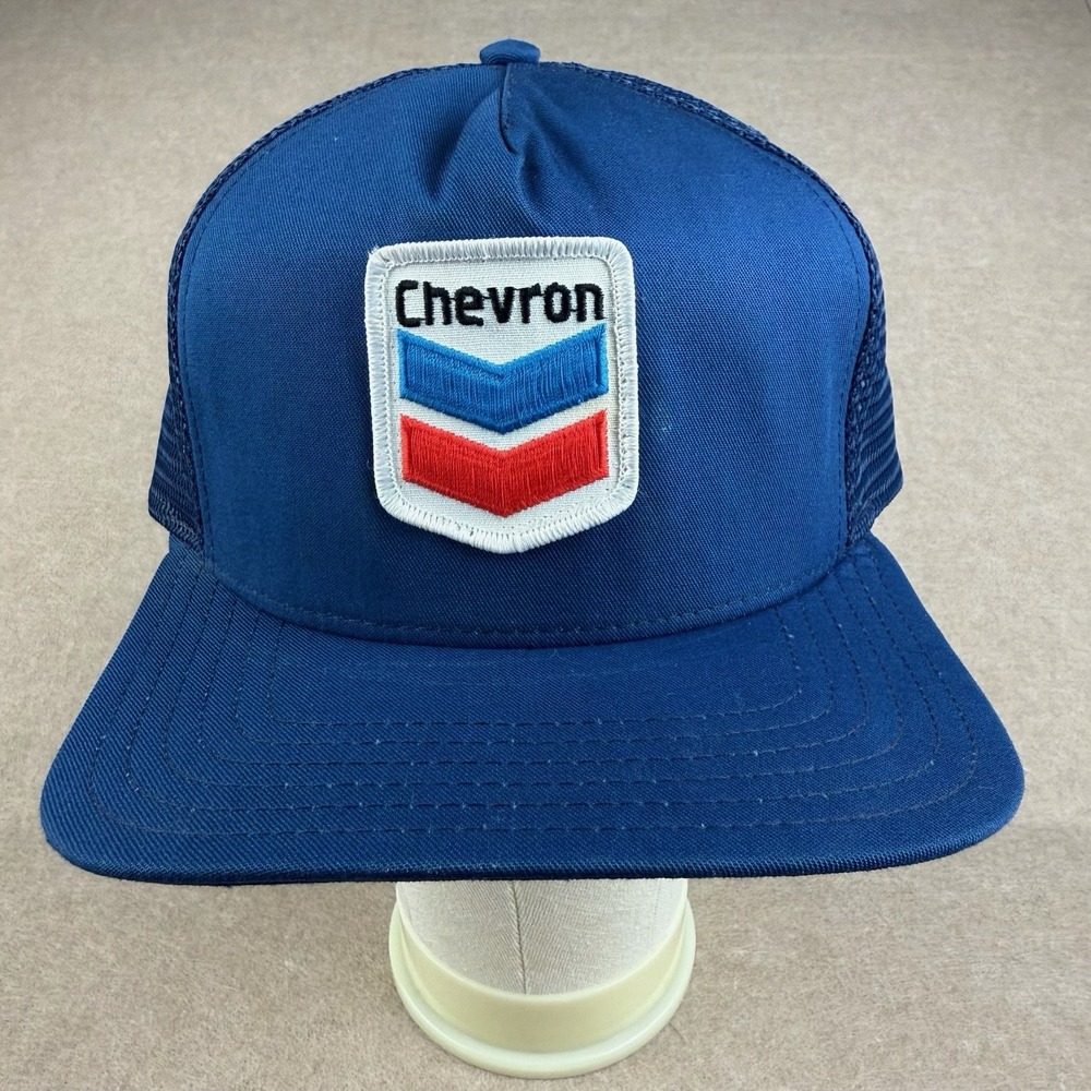 Vintage Chevron Trucker Hat Snapback Mesh XL Riverside Blue Gas Oil‎ Patch USA